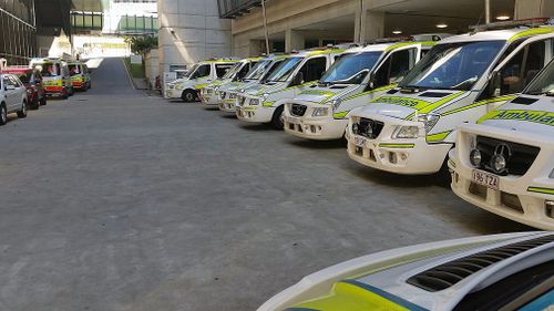 Ambulances lined up outside the Royal Brisbane and Women's Hospital in Brisbane.