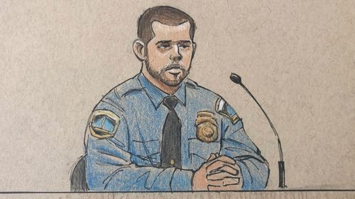 This courtroom sketch depicts Minneapolis police officer Matthew Harrity as he testifies.