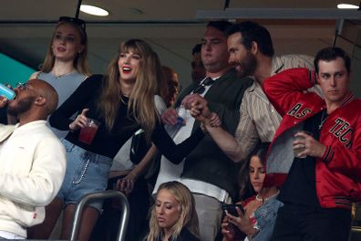 Sophie Turner, Taylor Swift and Ryan Reynolds at the game between the Kansas City Chiefs and the New York Jets at MetLife Stadium on October 01, 2023 in East Rutherford, New Jersey