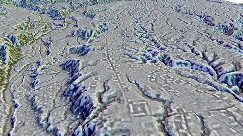 This LIDAR image provided by researchers in January 2024 shows complexes of rectangular platforms arranged around low squares and distributed along wide dug streets in a lost Amazonian city