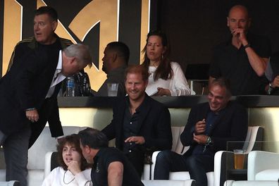 LOS ANGELES, CALIFORNIA - SEPTEMBER 03: (C) Prince Harry reacts during a match between Inter Miami CF and Los Angeles Football Club at BMO Stadium on September 03, 2023 in Los Angeles, California. (Photo by Harry How/Getty Images)