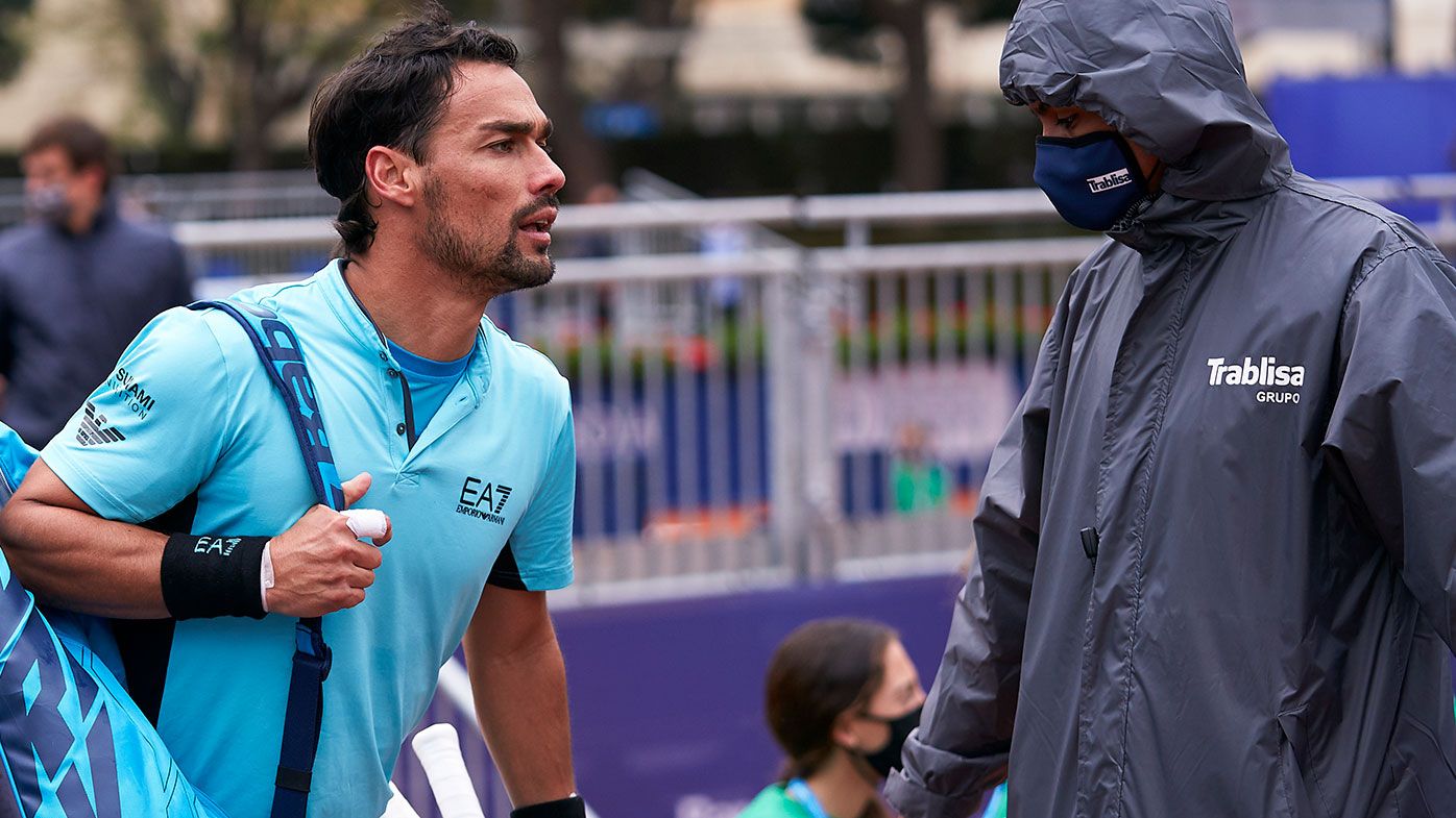 Fabio Fognini of Italy argues with the judge during his Men&#x27;s Singles round of 32 match against Bernabe Zapata of Spain on day three of the Barcelona Open.