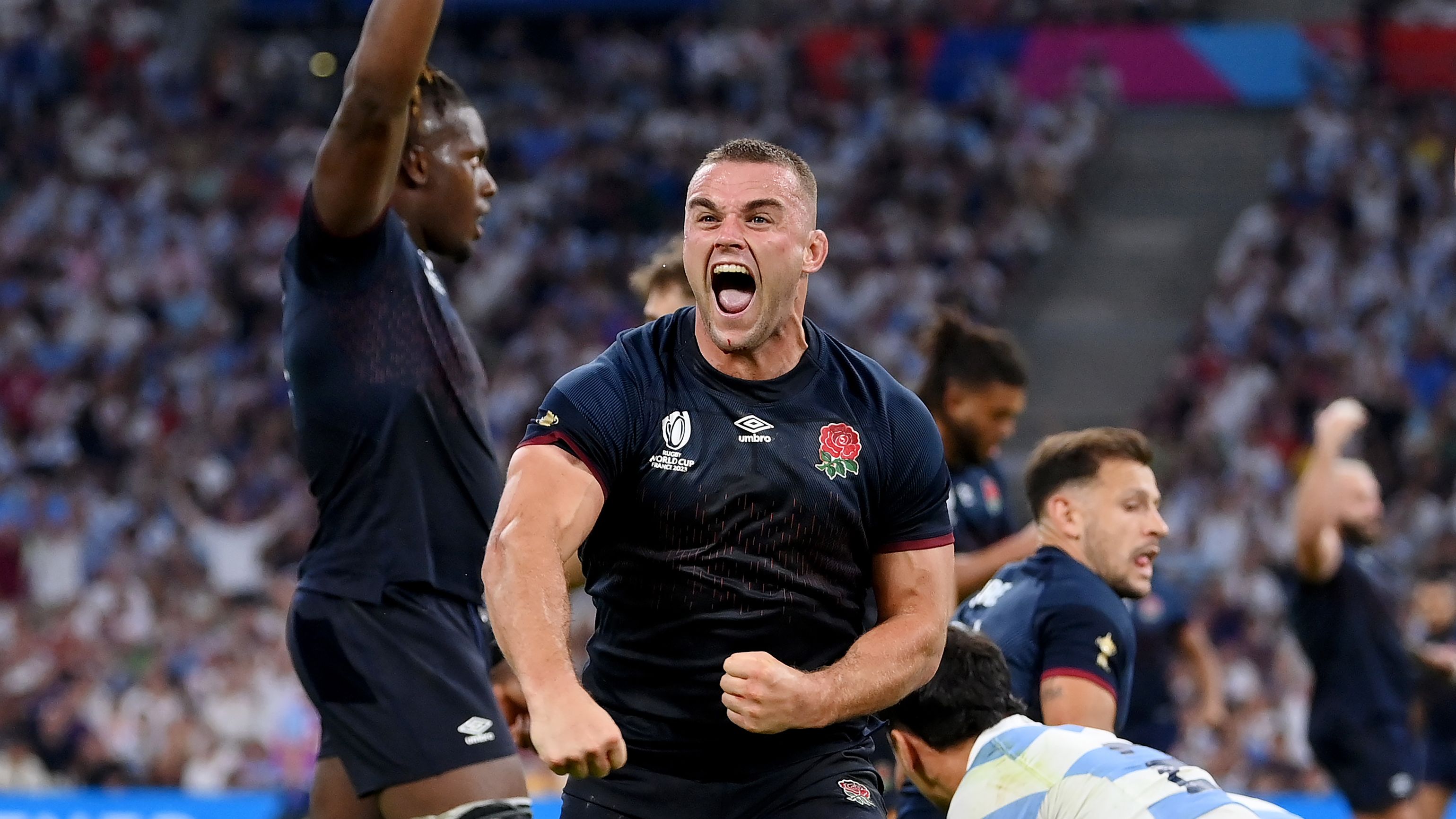 Ben Earl of England celebrates as referee Mathieu Raynal awards a penalty.