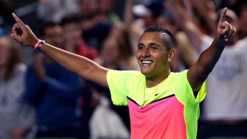 Nick Kyrgios celebrates after defeating Andreas Seppi of Italy in their fourth round match at the Australian Open. (AAP)