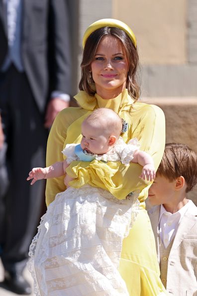 STOCKHOLM, SWEDEN - JUNE 13: Princess Sofia of Sweden presents Princess Ines of Sweden after her christening at the Drottningholm Palace Chapel on June 13, 2025 in Stockholm, Sweden.  (Photo by Michael Campanella/Getty Images)