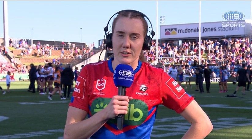 Knights star's live TV F-bomb after NRLW crowd record broken in Newcastle