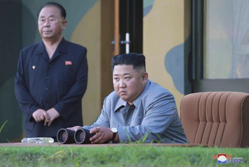 North Korean leader Kim Jong Un watches a missile test in North Korea, on August 10, 2019. North Korea extended a recent streak of weapons display by firing projectiles twice into the sea.