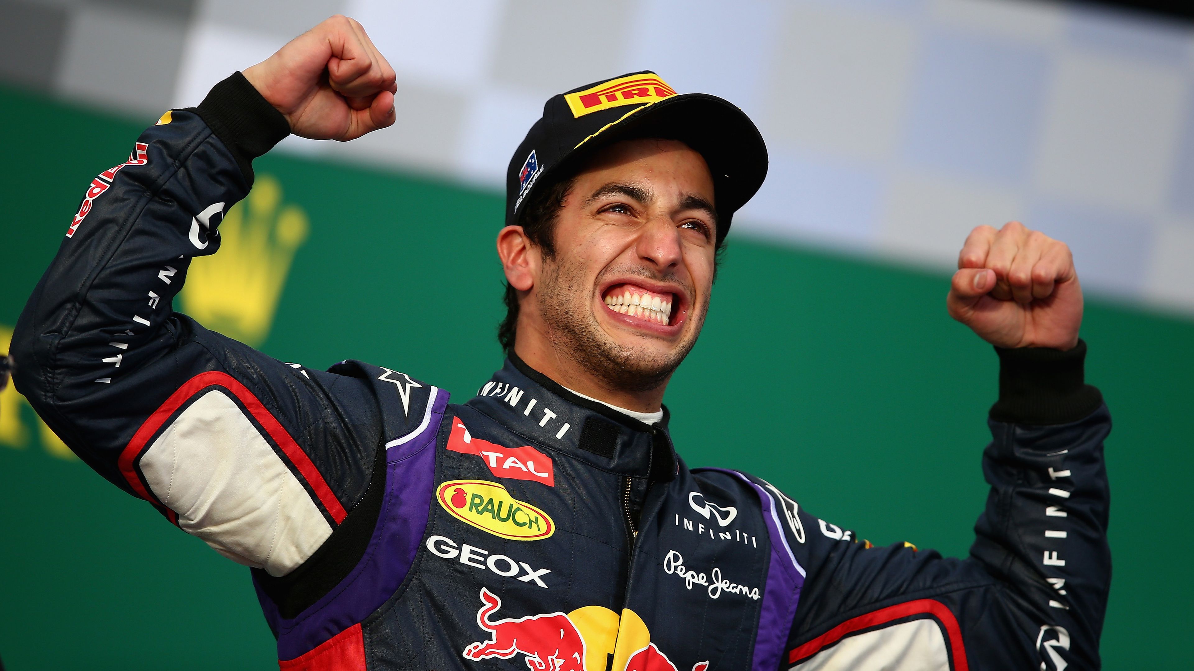 Daniel Ricciardo stands on the podium in the 2014 Australian Grand Prix.