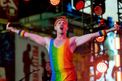 Jake Shears performs during the Closing Ceremony of WorldPride NYC 2019 at Times Square on June 30, 2019 in New York City 
