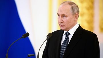 Russian President Vladimir Putin delivers a speech as he attends a ceremony to receive credentials from newly appointed foreign ambassadors to Russia, at the Kremlin, in Moscow, Russia, Wednesday, April 5, 2023 