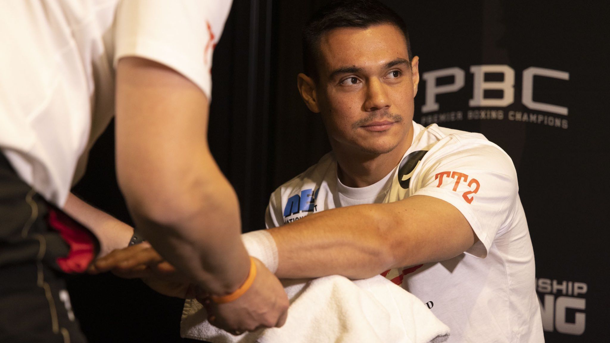Tim Tszyu has his hands strapped before the fight.
