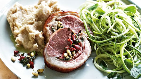 Lamb loin roast on white bean mash with zucchini salad