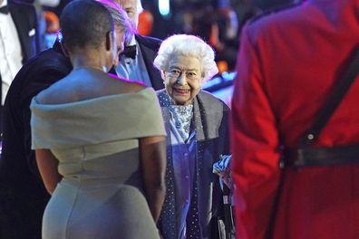 Queen Elizabeth II departs following the "A Gallop Through History" Platinum Jubilee celebration at the Royal Windsor Horse Show at Windsor Castle in Windsor, England on Sunday, May 15, 2022. (Steve Parsons/PA via AP)