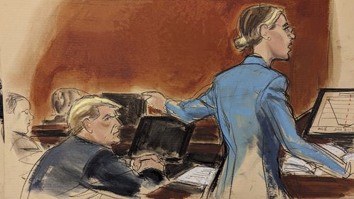In this courtroom sketch, attorney Alina Habba points to her client, former President Donald Trump
