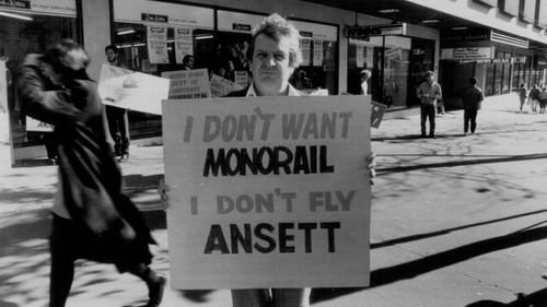 Jack Mundey at an anti-monorail demonstration in Sydney in June, 1986.