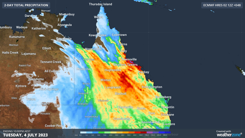   Prévisions de pluie accumulée pendant les 48 heures se terminant à 22h00 AEST le mardi 4 juillet 2023, selon le modèle ECMWF-HRES