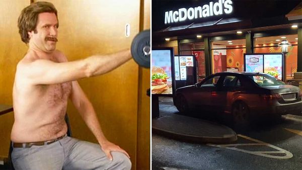 Ron Burgundy exercise meme / UK men busted for travelling to McDonald's during lockdown