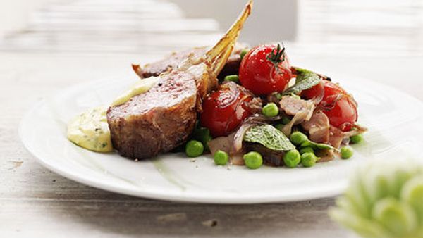 Roast rack of lamb with pancetta, summer vegetables and mint bearnaise