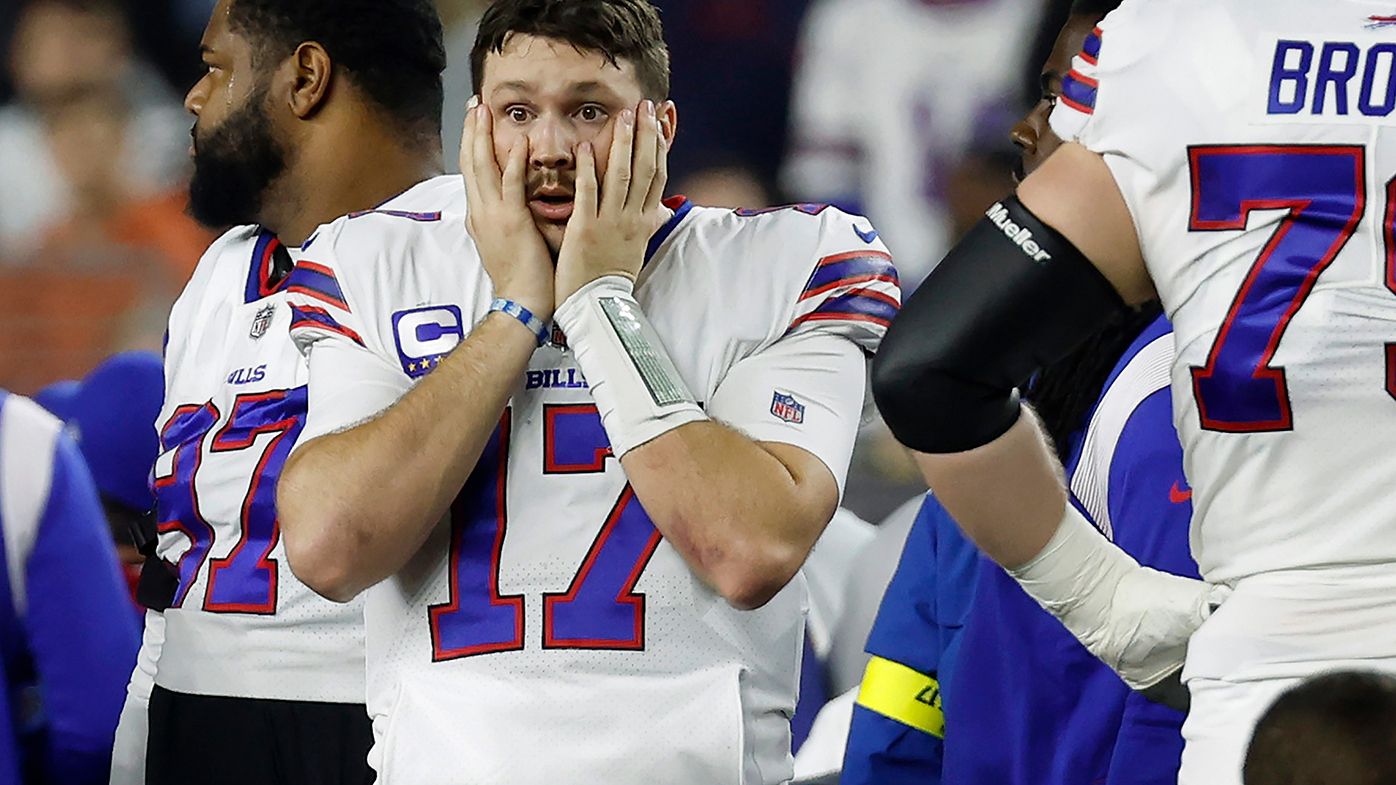 Josh Allen of the Buffalo Bills reacts after teammate Damar Hamlin suffered a cardiac arrest on the field.