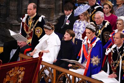 LONDON, ENGLAND - MAY 06: (Bottom L to R) Britain's Prince William, Prince of Wales, Princess Charlotte, Prince Louis, Britain's Catherine, Princess of Wales, Prince Edward, Duke of Edinburgh. (Top L to R) James, Earl of Wessex, Lady Louise Windsor, Prince Richard, Duke of Gloucester and Birgitte, Duchess of Gloucester attend the Coronation of King Charles III and Queen Camilla at Westminster Abbey on May 6, 2023 in London, England. The Coronation of Charles III and his wife, Camilla, as King an