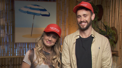 The Block 2023 Charming Street Episode 30 Kristy and Brett wear Make the Block Great Again Hats