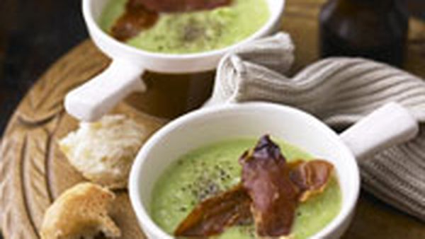 Pea soup with crisp prosciutto