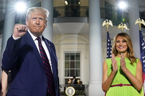 President Donald Trump and first lady Melania Trump stand on the South Lawn of the White House on the fourth day of the Republican National Convention