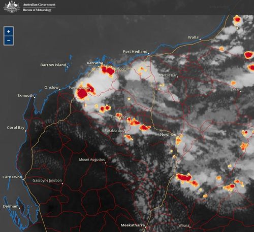 Multiple lightning strikes, shown in red, have been recorded across WA.