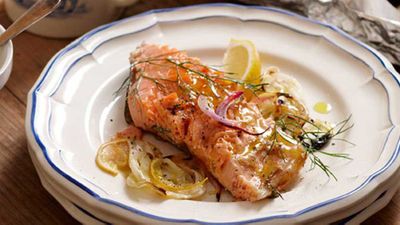 Recipe: <a href="http://kitchen.nine.com.au/2016/05/17/10/21/roasted-salmon-with-fennel-lemon" target="_top">Roasted salmon with fennel &amp; lemon (45 minutes)</a>