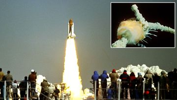 The Space Shuttle Challenger explodes minutes after takeoff from Kennedy Space Flight Center 
