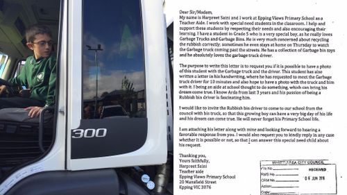 In the Visy truck after the council responded to his request, and the accompanying letter from his teacher's aide, Harpreet Saini. (Supplied)