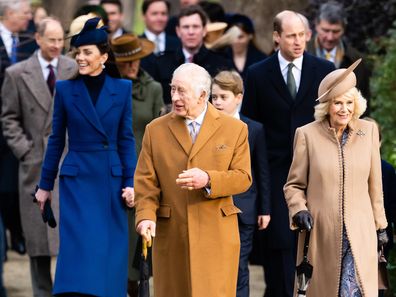 King Charles III, Queen Camilla, Catherine, Princess of Wales,  Prince George of Wales, Prince William, Prince of Wales attend the Christmas Morning Service at Sandringham Church on December 25, 2023 in Sandringham, Norfolk. (Photo by Samir Hussein/WireImage)