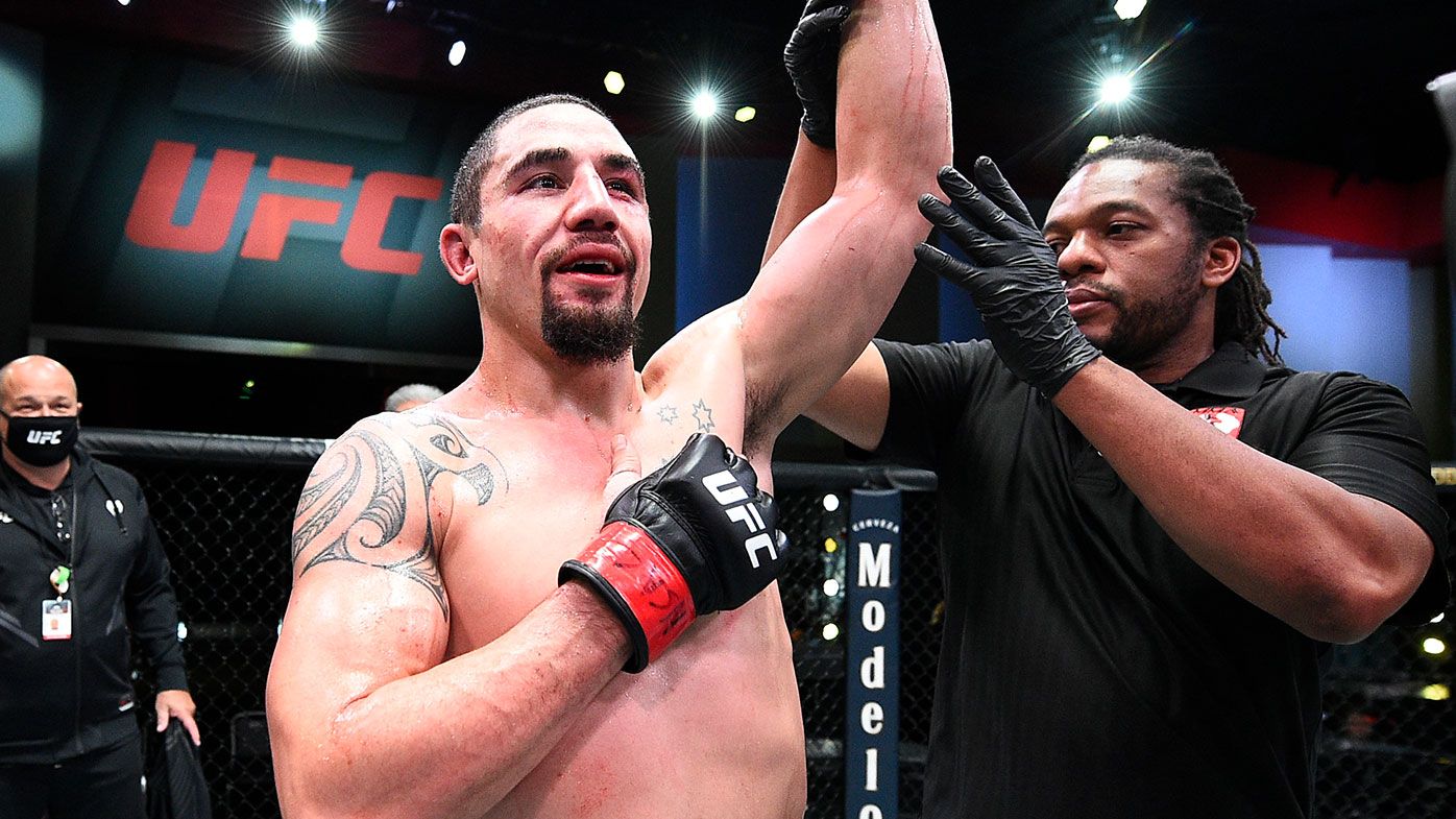 Robert Whittaker of Australia reacts after his victory over Kelvin Gastelum in a middleweight fight during the UFC Fight Night event at UFC APEX on April 17, 2021 in Las Vegas, Nevada. (Photo by Chris Unger/Zuffa LLC)