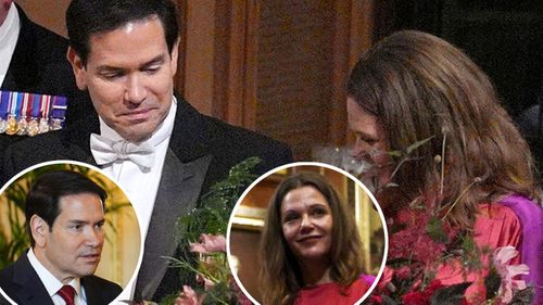 Marco Rubio and his wife at the State Banquet in Windsor Castle, England, on day one of U.S. President Donald Trump and First Lady Melania Trump's second state visit to the UK, Wednesday Sept. 17, 2025. 