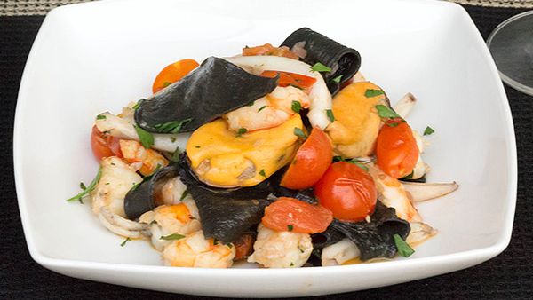 Sydney Seafood School's black stracci pasta with mussels, cuttlefish and prawns