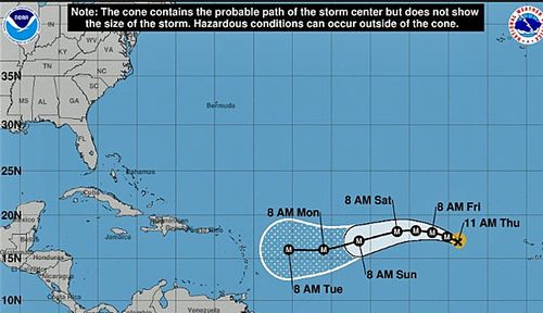 A handout from the US National Hurricane Center shows the predicted path of Hurricane Irma off the east coast. (Photo: AP).