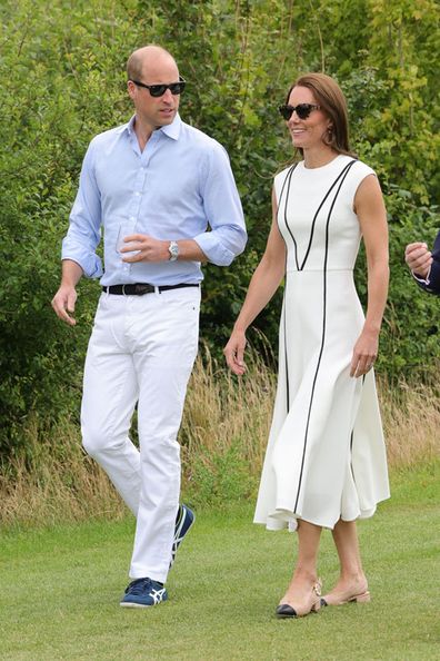 Prince William, Duke of Cambridge and Catherine, Duchess of Cambridge arrive for the Royal Charity Polo Cup 2022 at Guards Polo Club  during the Outsourcing Inc. Royal Polo Cup at Guards Polo Club, Flemish Farm on July 06, 2022 in Windsor, England. 