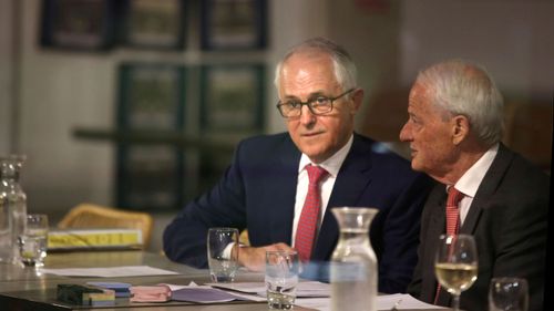 Malcolm Turnbull and Liberal Party stalwart Philip Ruddock at a Liberal branch meeting for the seat of Wentworth in August 2018.