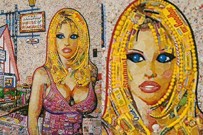 Artist Jason Mercier uses beans, pencils, string and pretty much anything he can find to create wacky portraits. He's perfected the art of candied celebrities. This one's <b>Pamela Anderson</b>.
