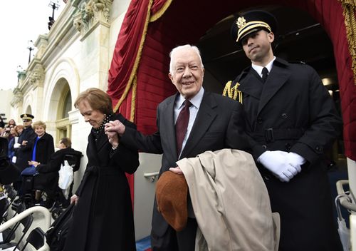 Former US President Jimmy Carter and First Lady Rosalynn Carter arrive for the Presidential Inauguration of Donald Trump at the US Capitol on January 20, 2017 in Washington, DC.