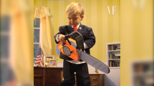 Toddler trump takes a chainsaw to the Oval Office.