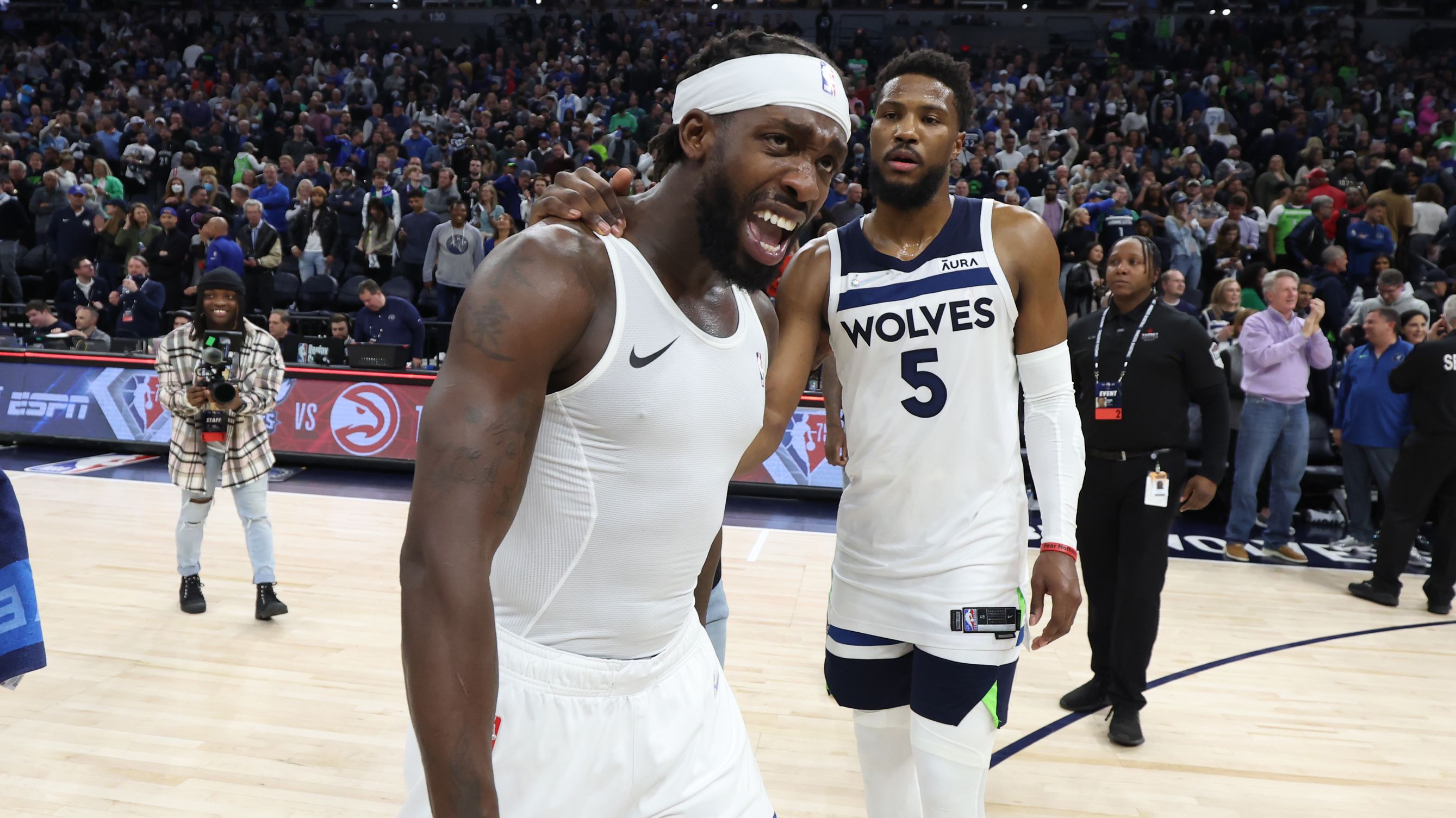 Patrick Beverley of the Minnesota Timberwolves celebrates winning the game against the LA Clippers.