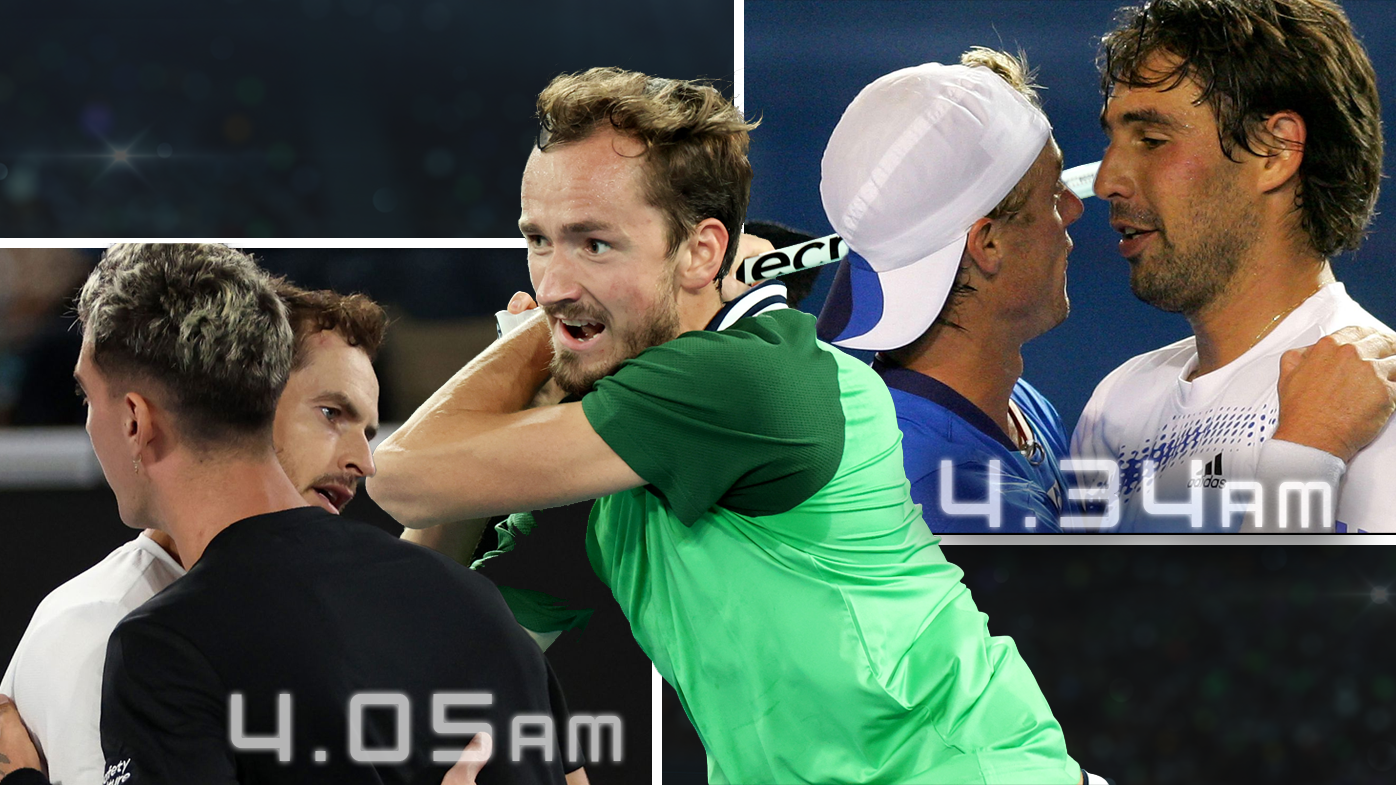 Daniil Medvedev (centre) has joined the pre-dawn club with Andy Murray and Thanasi Kokkinakis, as well as Lleyton Hewitt and Marcus Baghdatis.