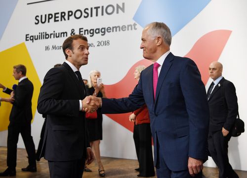 French President Emmanuel Macron and Prime Minister Malcolm Turnbull visit the The Biennale of Sydney at Carriageworks. (AAP)