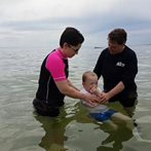 Jack, aged nine, with Sunday School teacher Tamaryn and Pastor Becky, about to be baptised.