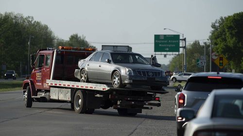 The Cadillac sedan that fugitives Casey White and Vicky White, no relation, were driving when law enforcement officials forced them into a ditch at Burch Drive in Evansville, Indiana.
