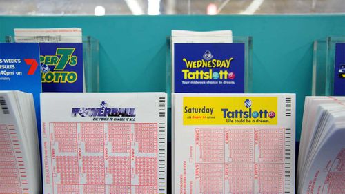 Lottery tickets for sale at a newsagency.