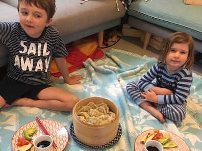 Friday night carpet picnics are a family tradition. 