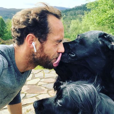 James Middleton gets very close to one of his beloved pooches