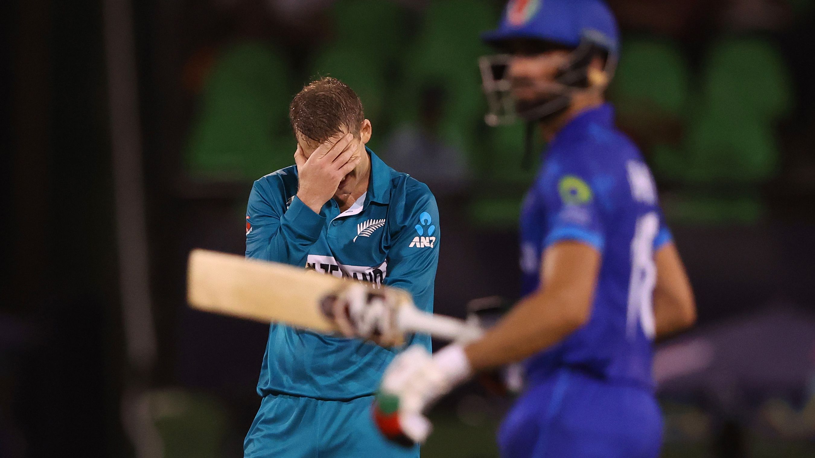 Lockie Ferguson of New Zealand reacts after a delivery.